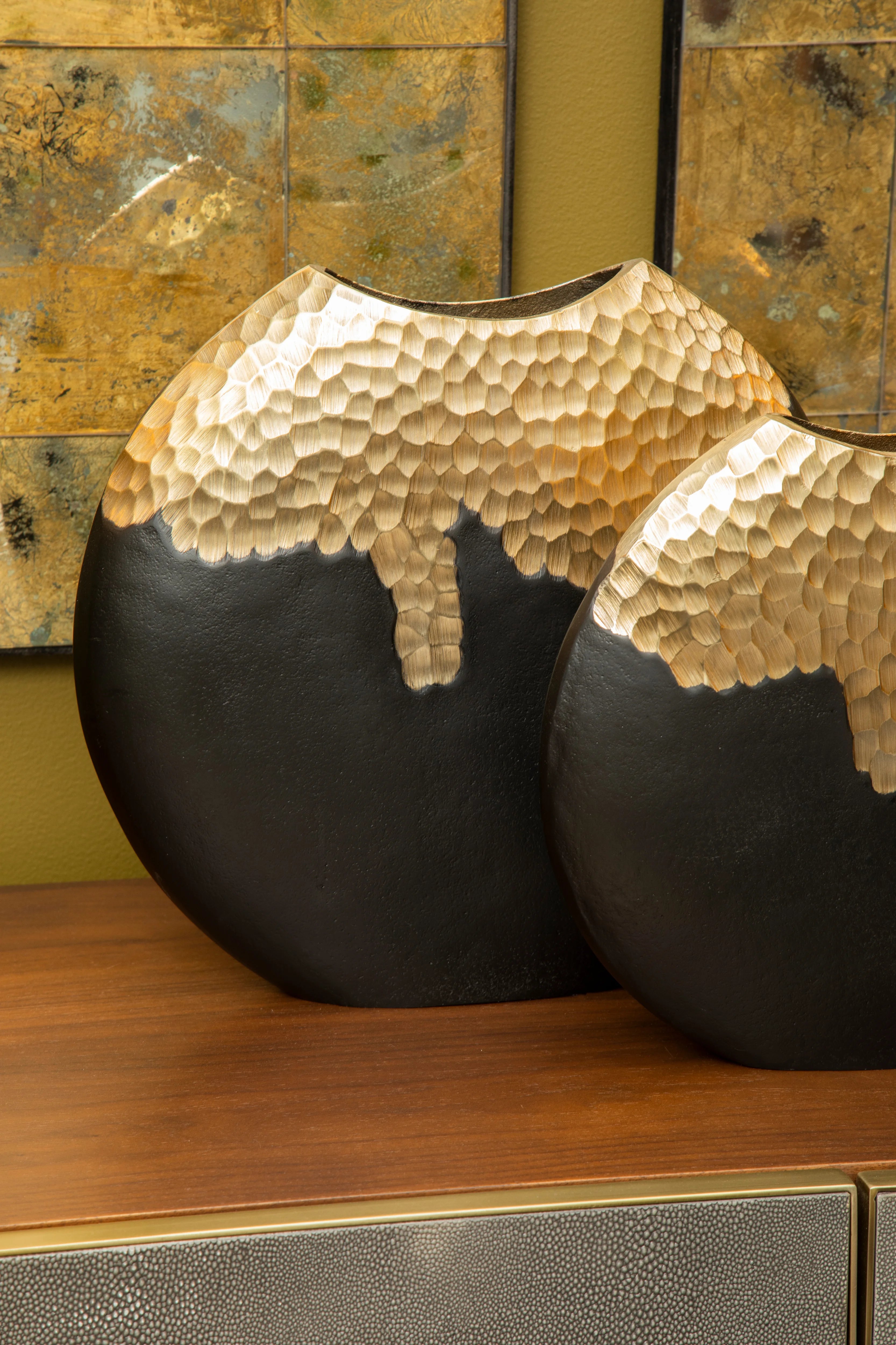 Capella Matte Black & Gold Dimpled Round Vase | Large